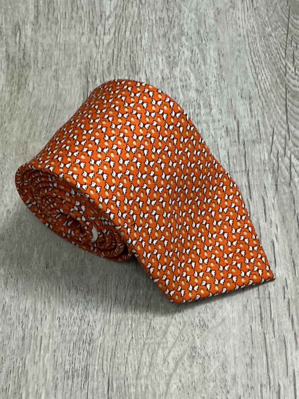 Salvatore Ferragamo Orange Dog Print Silk Tie Made in Italy